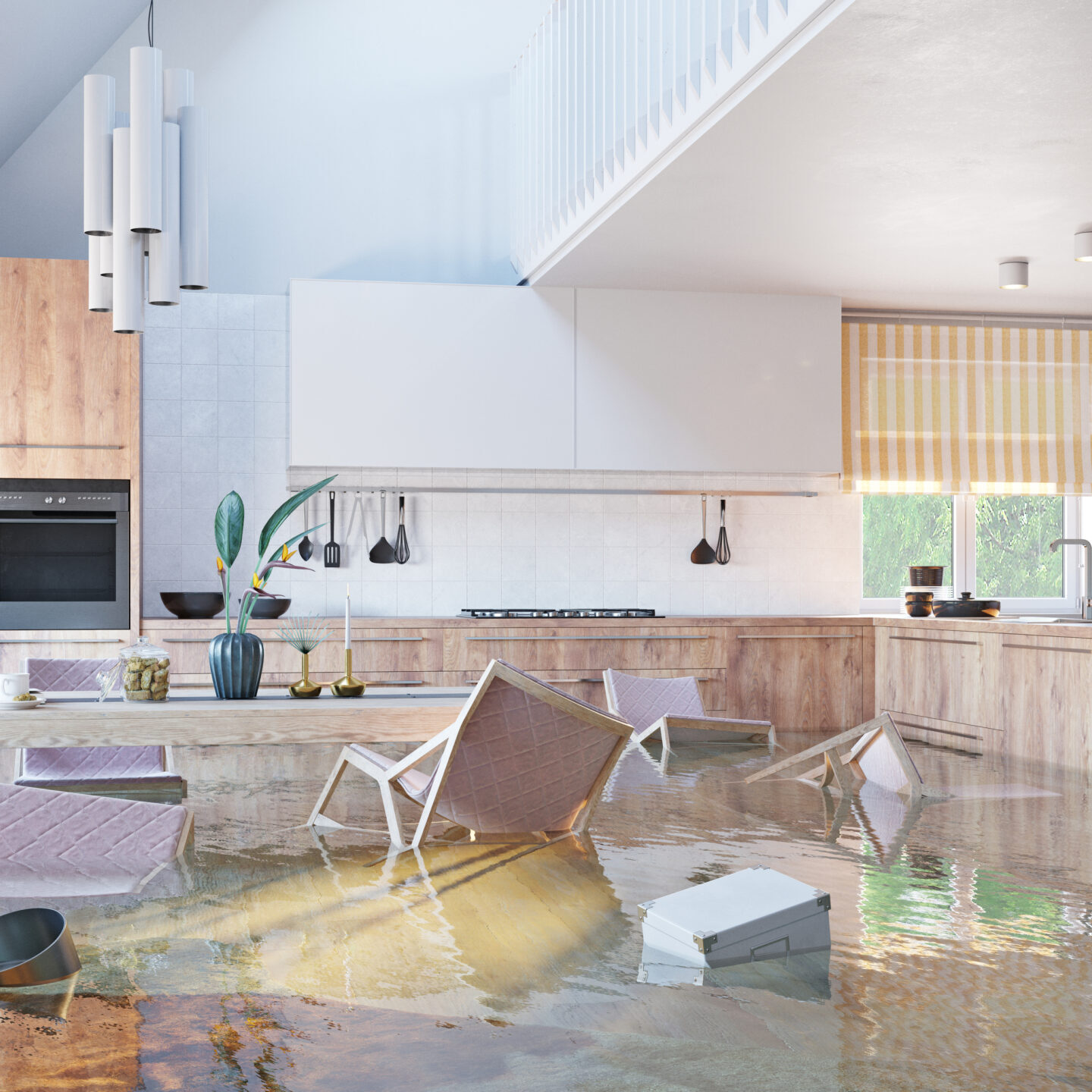kitchen flooding interior. 3d rendering concept