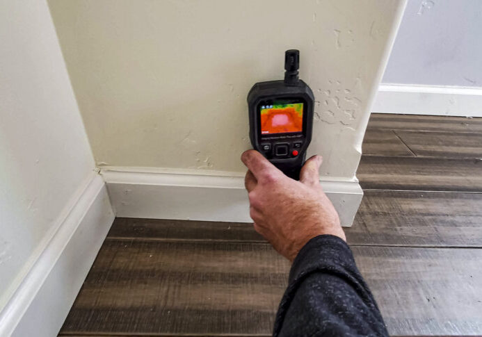 Water damage restoration technician checking moisture in a Chantilly home